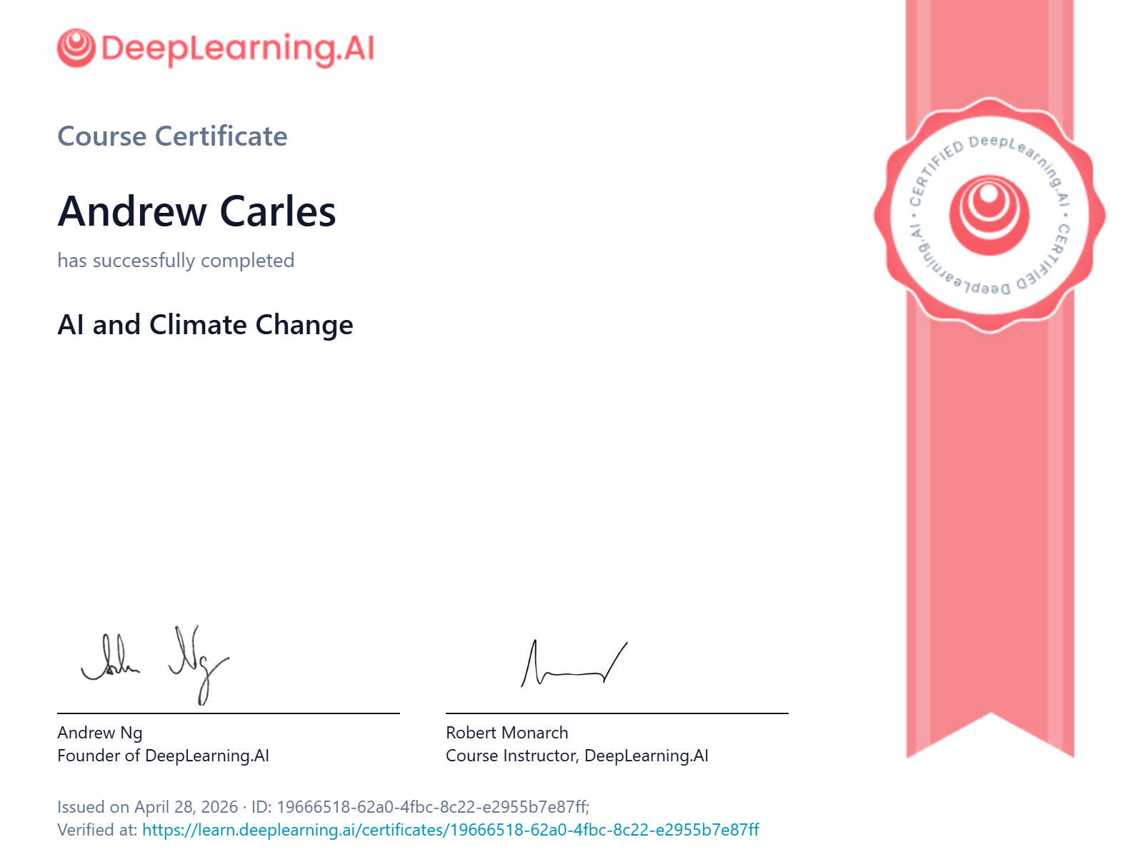 DeepLearning.AI course certificate: AI and Climate Change.