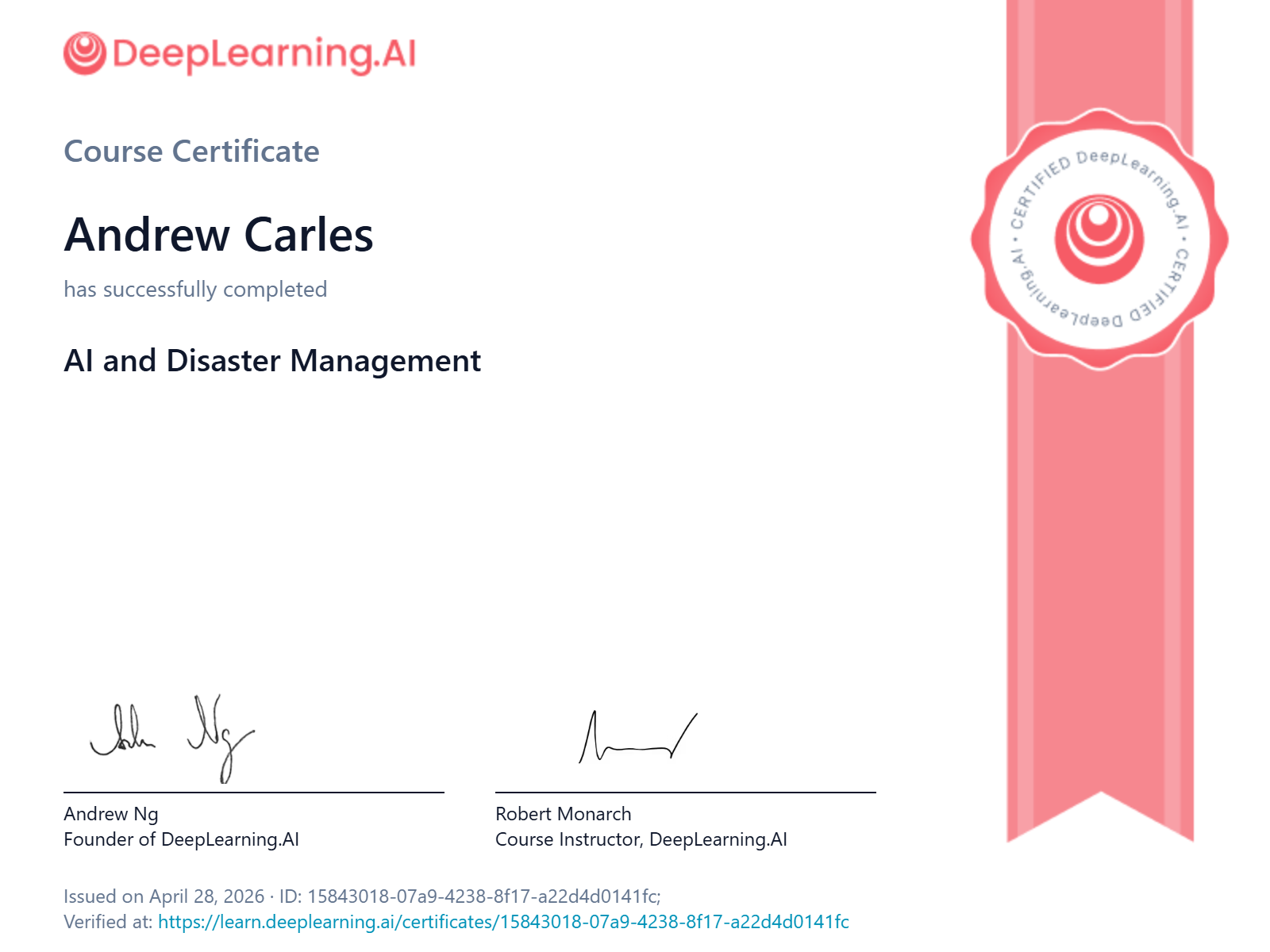 DeepLearning.AI course certificate: AI and Disaster Management.