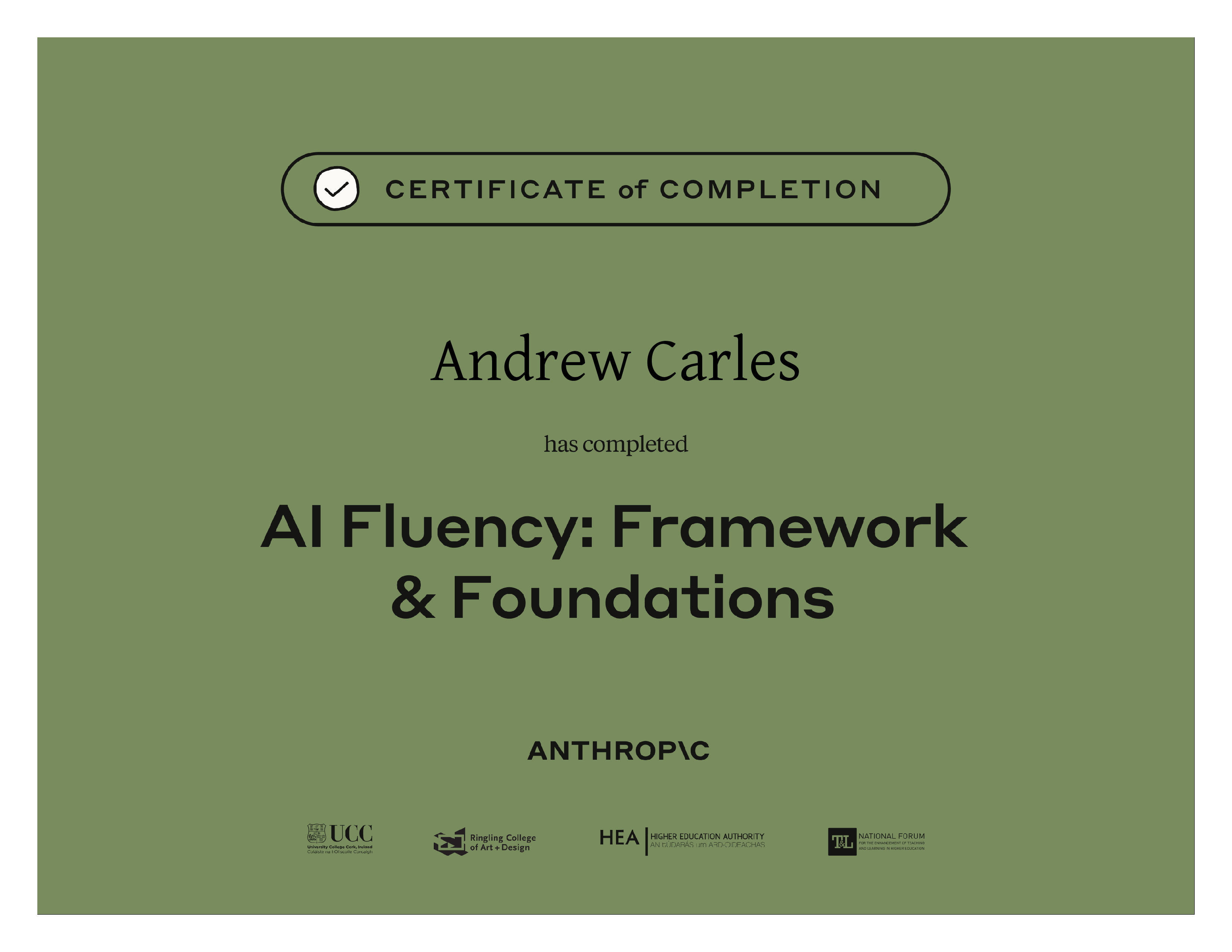 Anthropic certificate of completion: AI Fluency Framework & Foundations.
