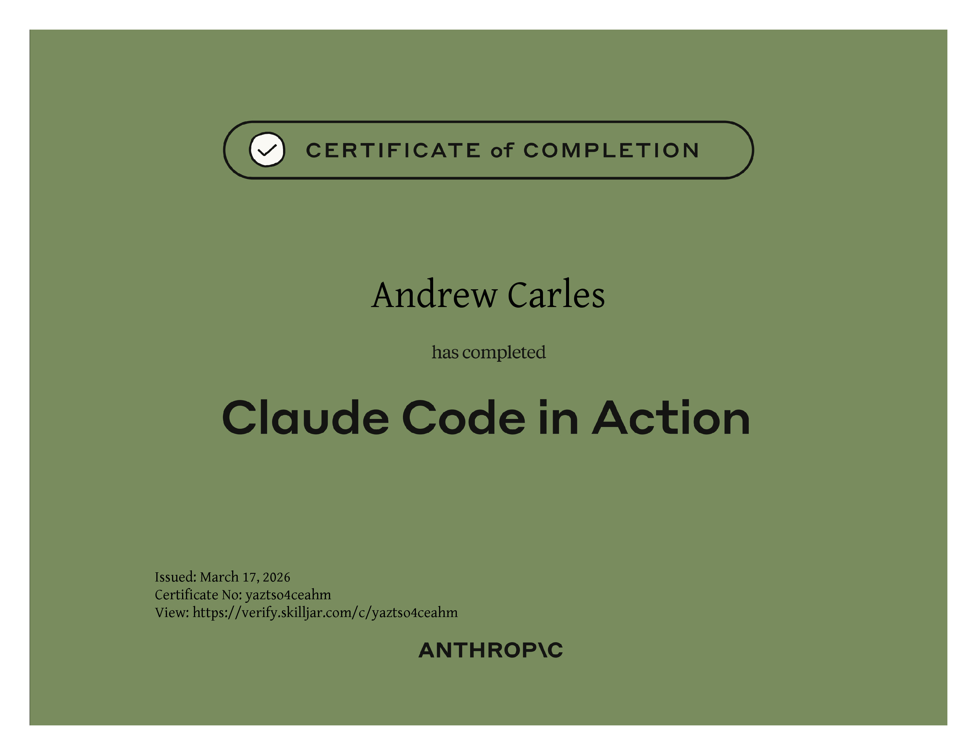 Anthropic certificate of completion: Claude Code in Action.