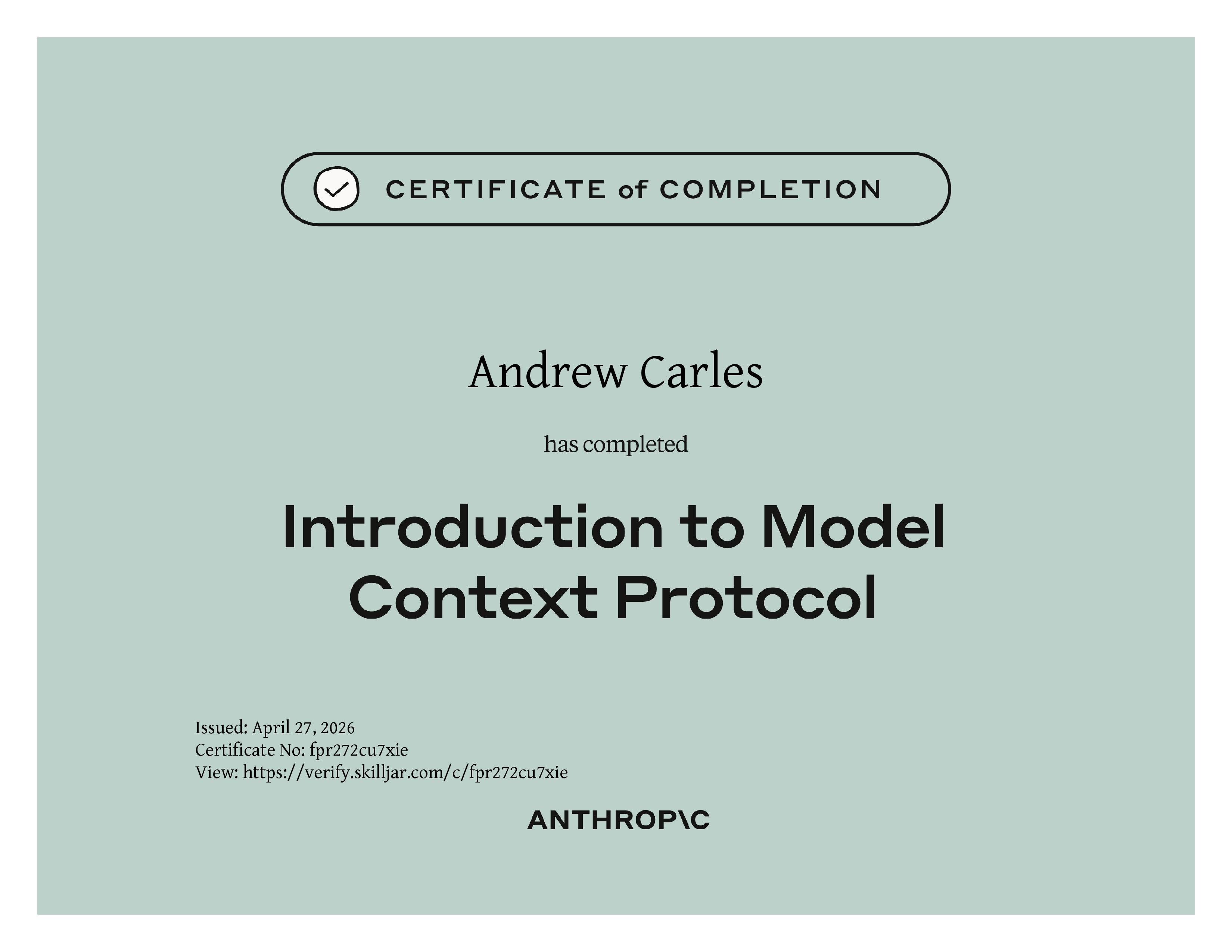 Anthropic certificate of completion: Introduction to Model Context Protocol.
